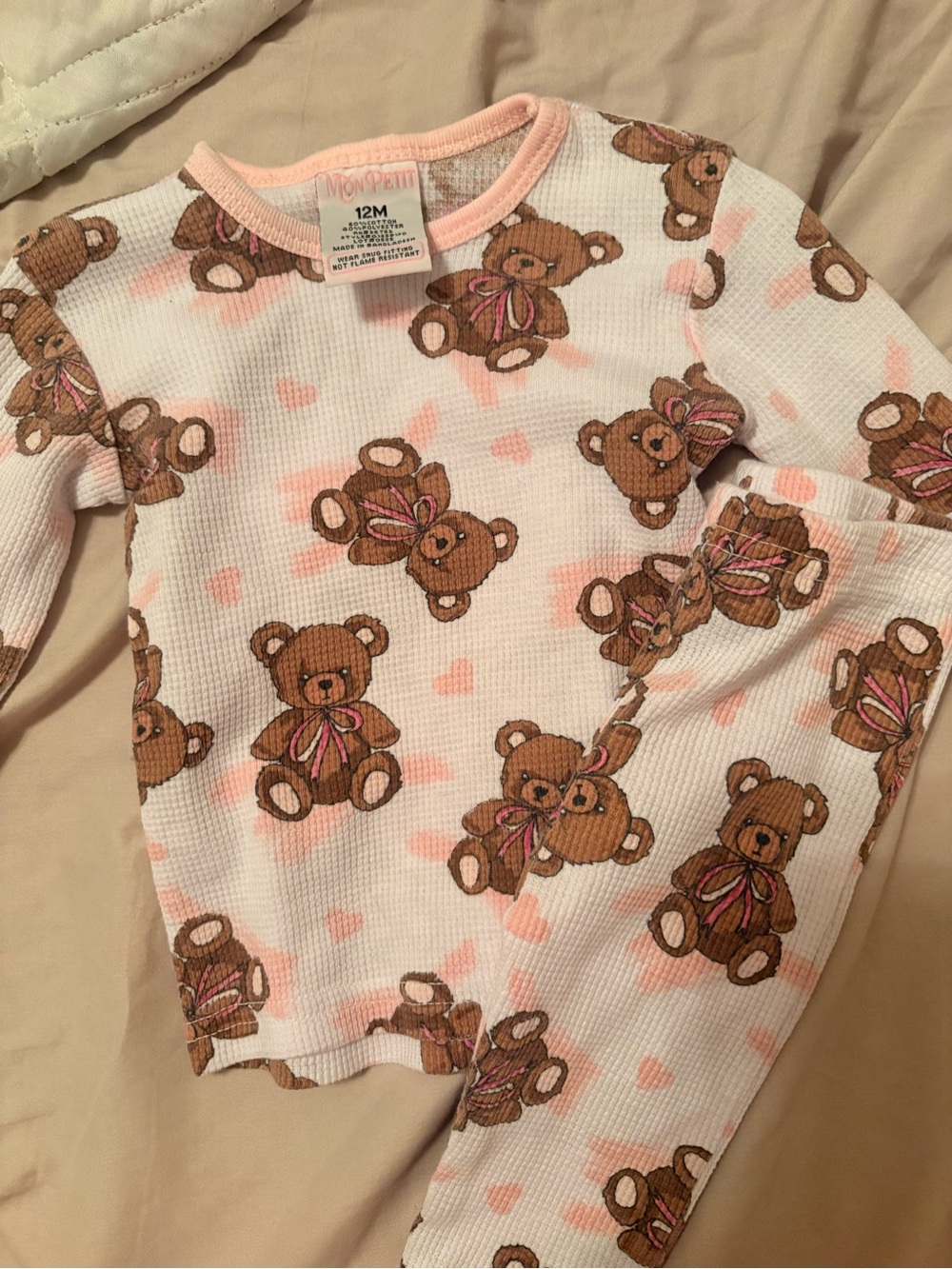 Mon Petit Pink Teddy Bear Thermal Pajama Set - 12M